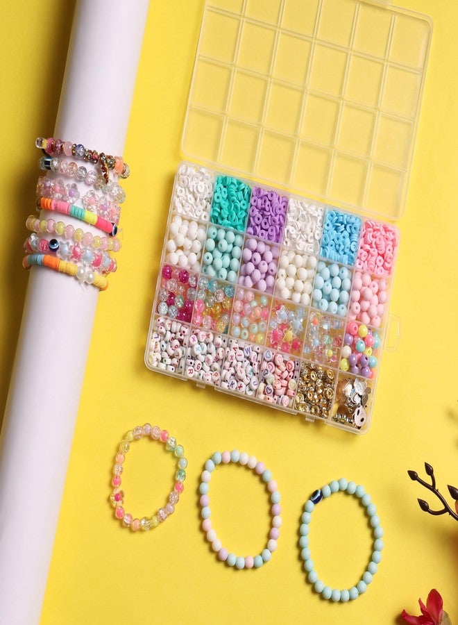Ambitieux Children All-in-One Bracelet Making Kit - 24 Grid Jewelry Set with 1000+ Beads, Alphabet Letters, Charms, Jump Rings, Tools & 2 Elastic Rolls - DIY Jewellery Craft Kit for Kids Age 6-12- Birthday Gift for Girls 4 5 6 7 Years (Clay With 8mm matt) - Image 2
